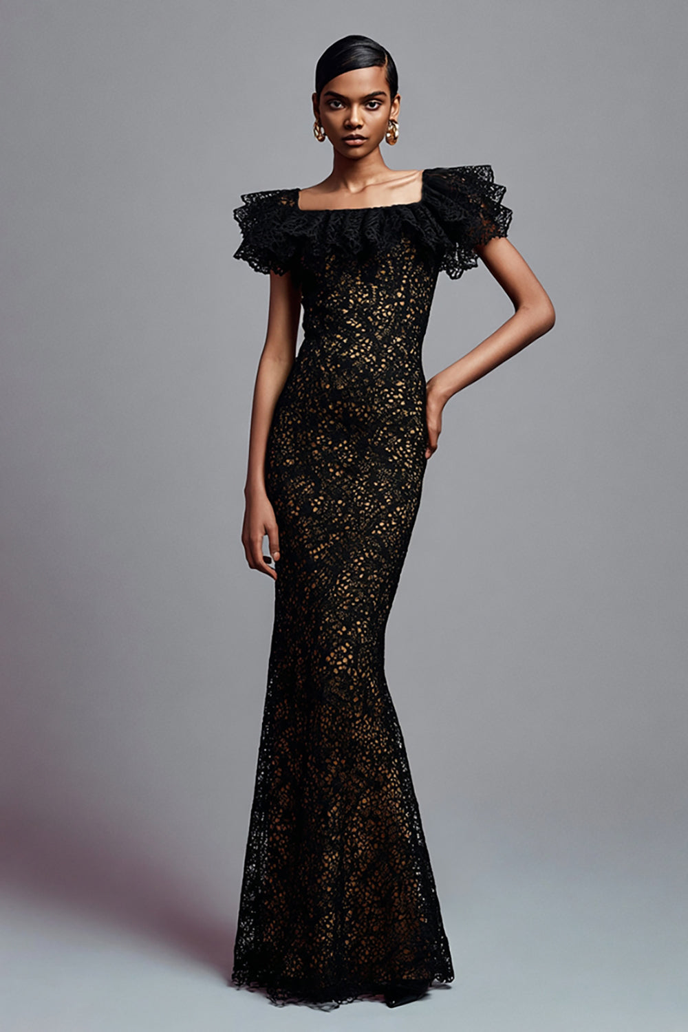 Black Lace Sheath Ruffled Long Formal Dress with Sleeves