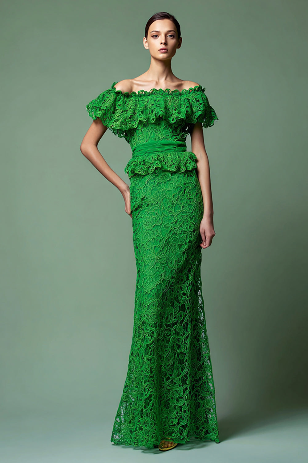 Green Lace Sheath Puff Sleeves Long Formal Dress with Ruffles