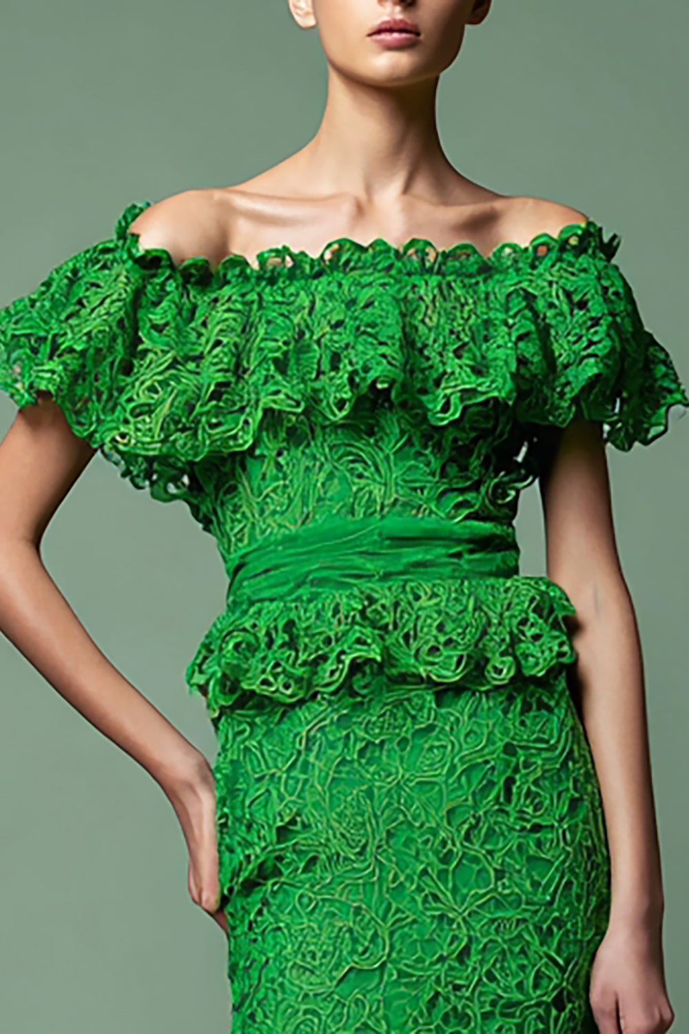 Green Lace Sheath Puff Sleeves Long Formal Dress with Ruffles