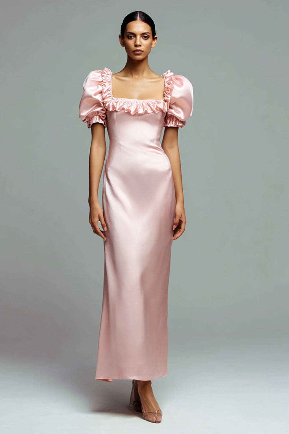 Pink Satin Ruffled Sheath Long Formal Dress with Sleeves