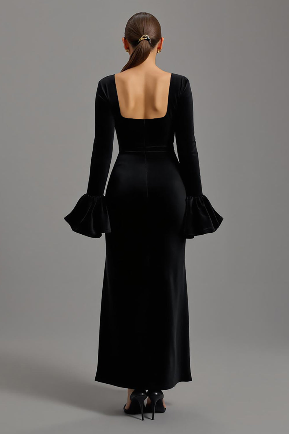 Robe longue de cérémonie fourreau en velours noir avec manches