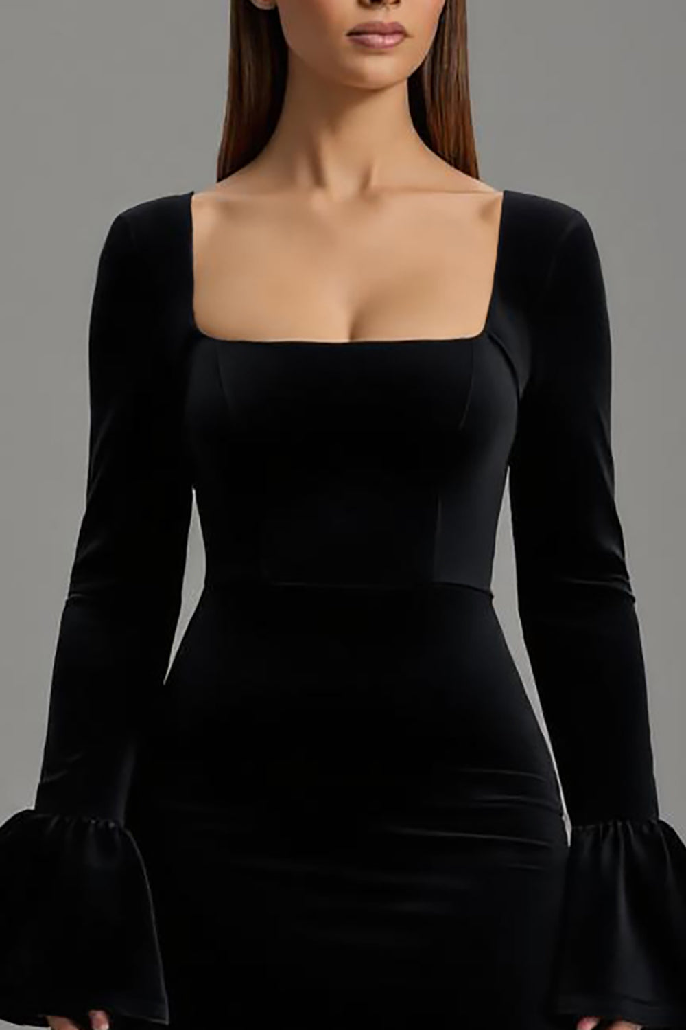 Robe longue de cérémonie fourreau en velours noir avec manches