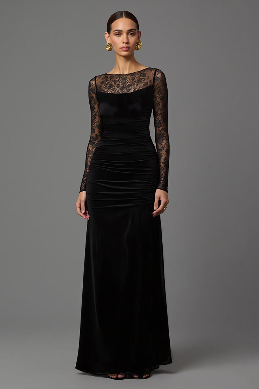 Black Velvet Boat Neck Long Formal Dress with Lace