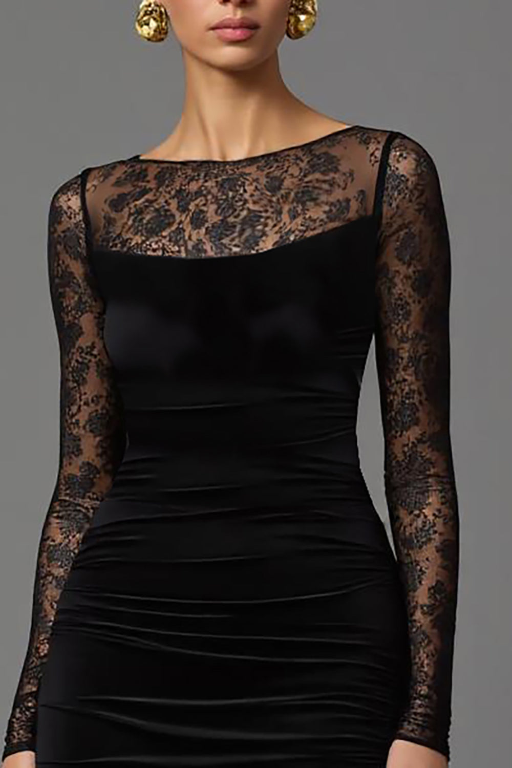 Black Velvet Boat Neck Long Formal Dress with Lace
