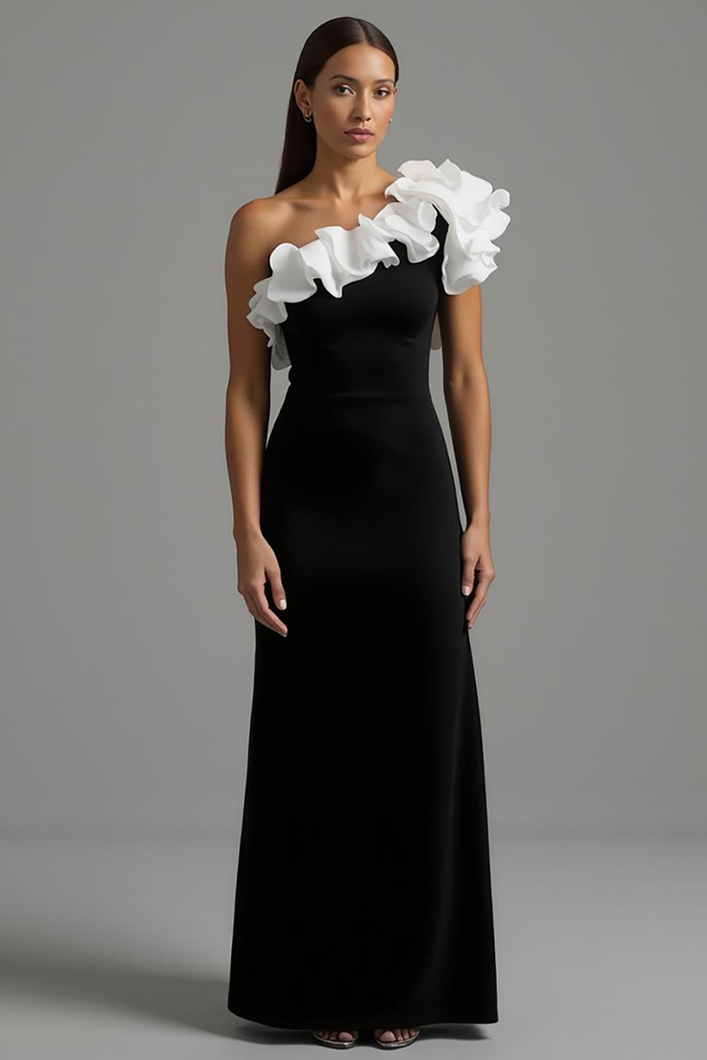 Black and White A-Line One-Shoulder Long Formal Dress with Ruffles