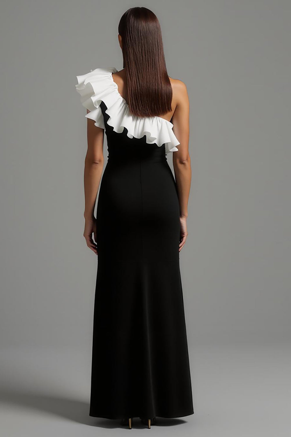 Black and White A-Line One-Shoulder Long Formal Dress with Ruffles