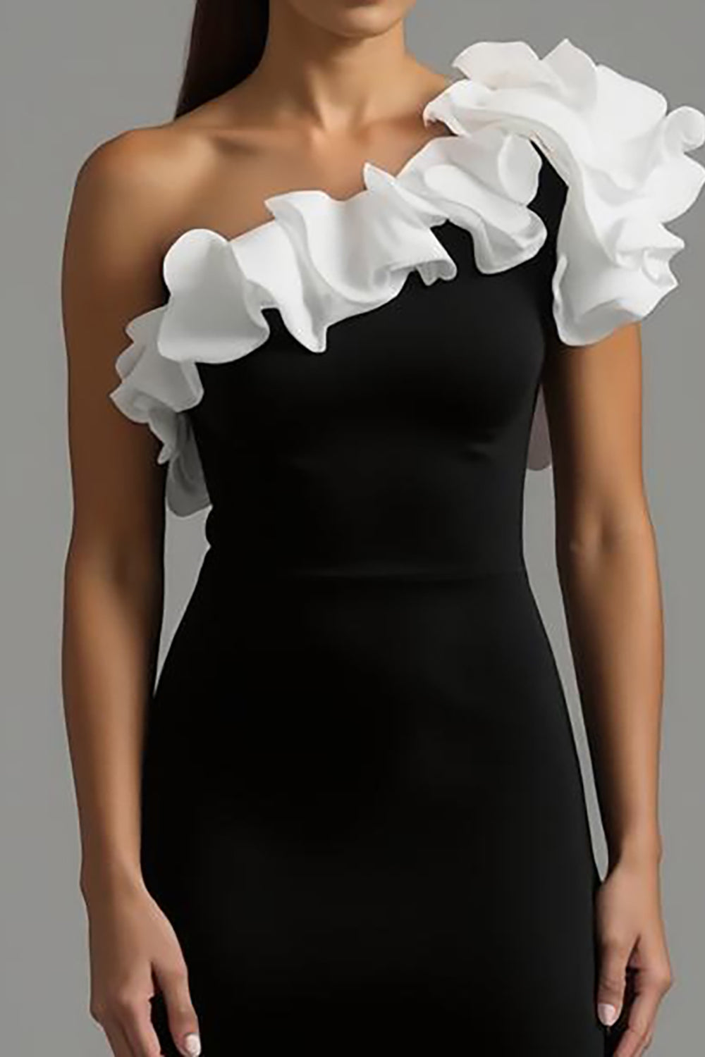 Black and White A-Line One-Shoulder Long Formal Dress with Ruffles
