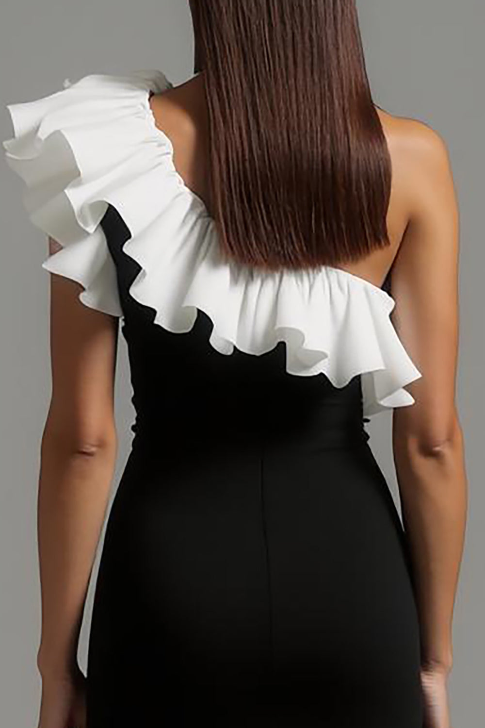 Black and White A-Line One-Shoulder Long Formal Dress with Ruffles