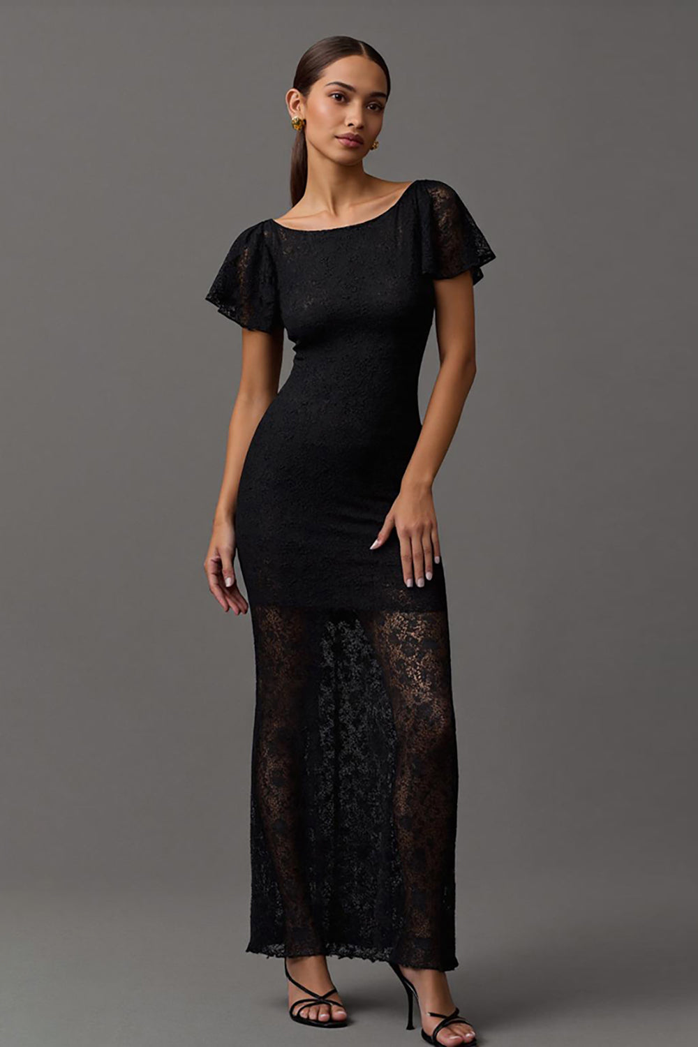 Robe longue de soirée fourreau noire à encolure bateau en dentelle avec manches