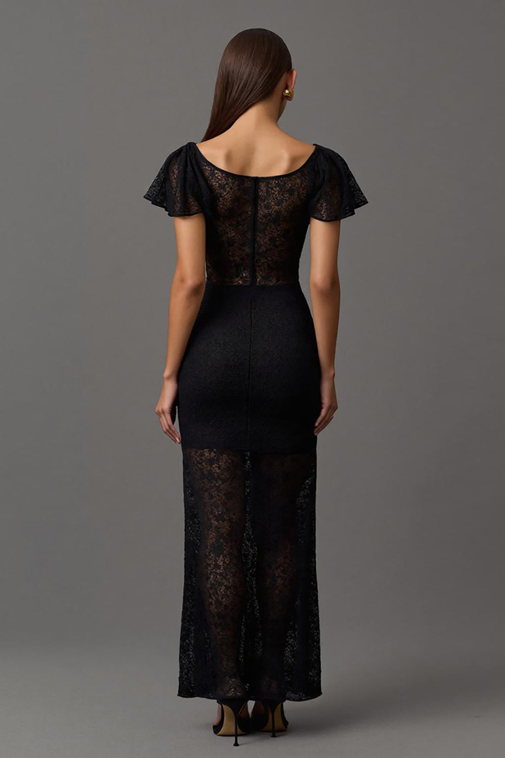Robe longue de soirée fourreau noire à encolure bateau en dentelle avec manches