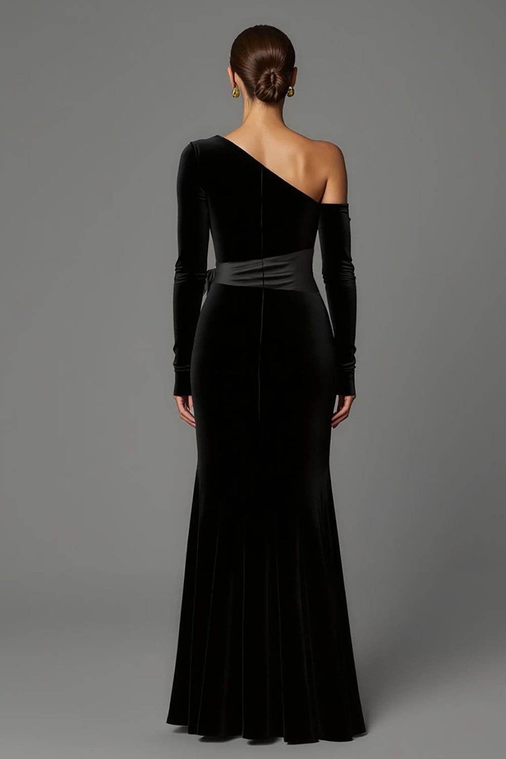Black Velvet One Shoulder Long Formal Dress with Bow