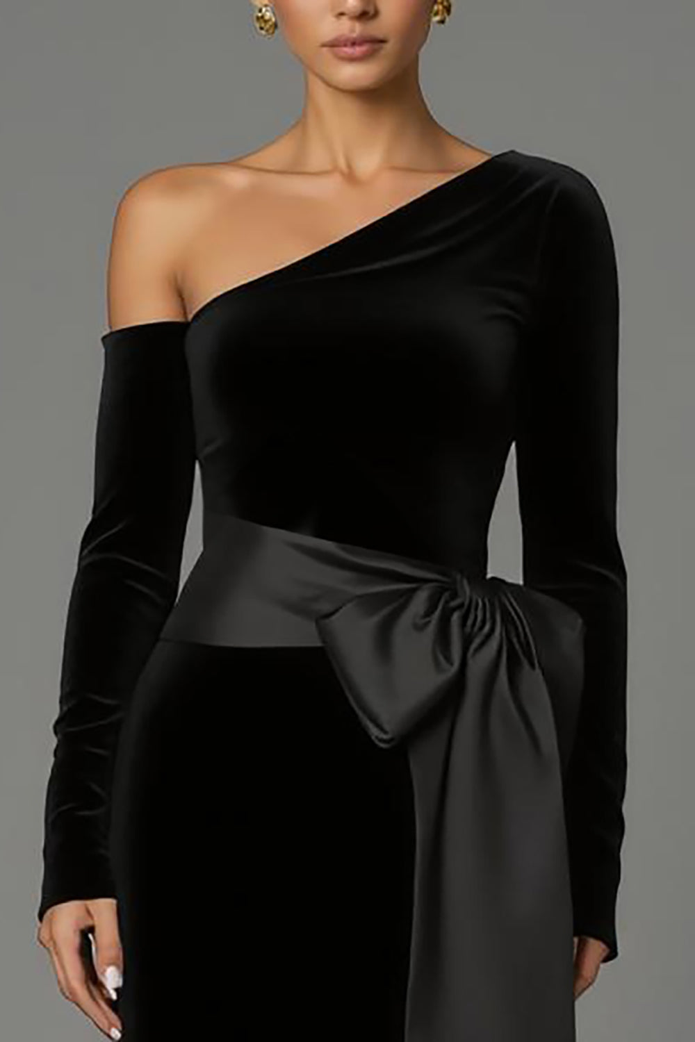 Black Velvet One Shoulder Long Formal Dress with Bow