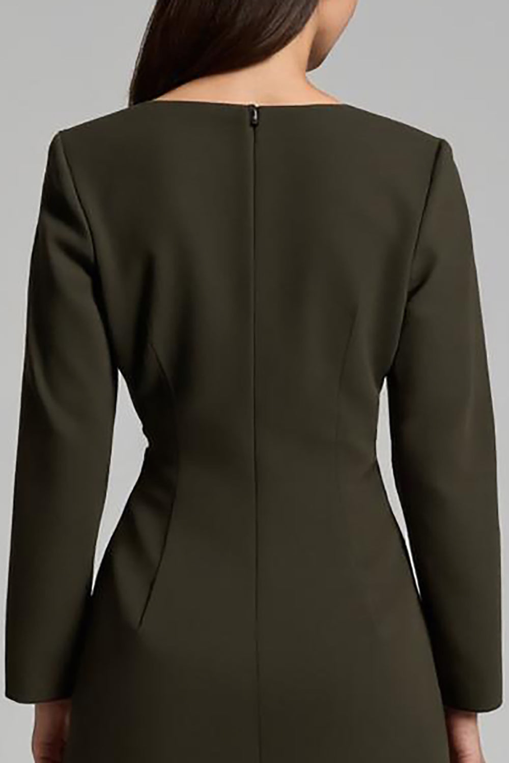 Robe de travail mi-longue crayon, en satin vert olive foncé, avec encolure bateau et manches