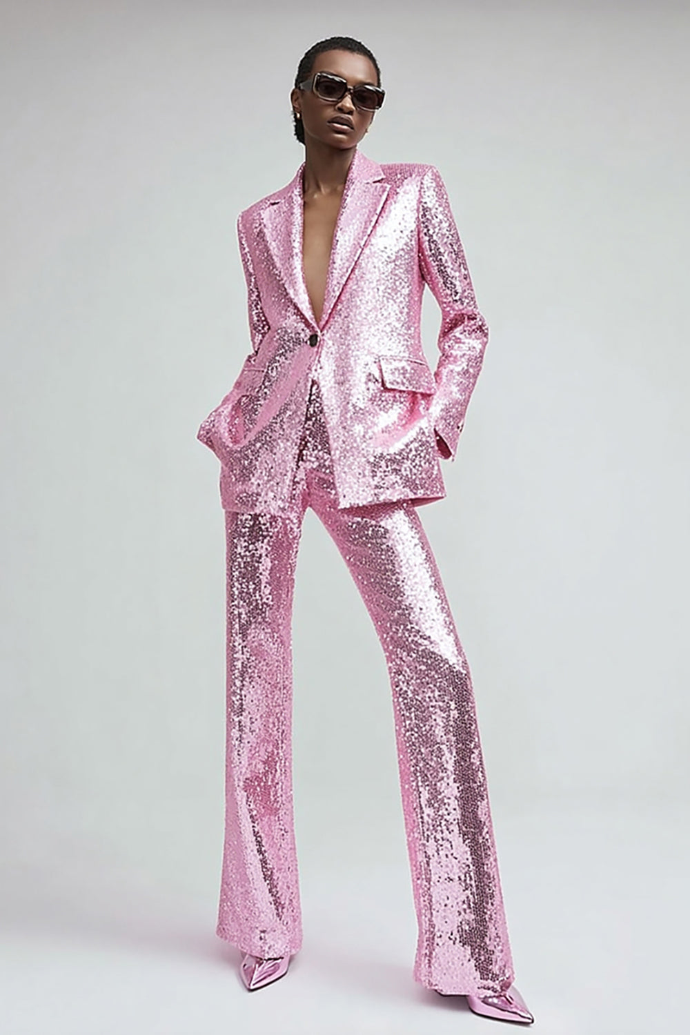 Sparkly Pink 2 Piece Women Prom Suits With Pockets