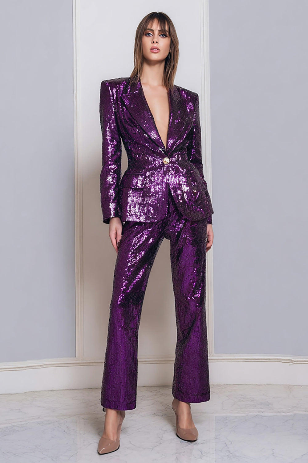 2 Piece Sequins Dark Purple Sparkly Women Prom Suits With Sleeves