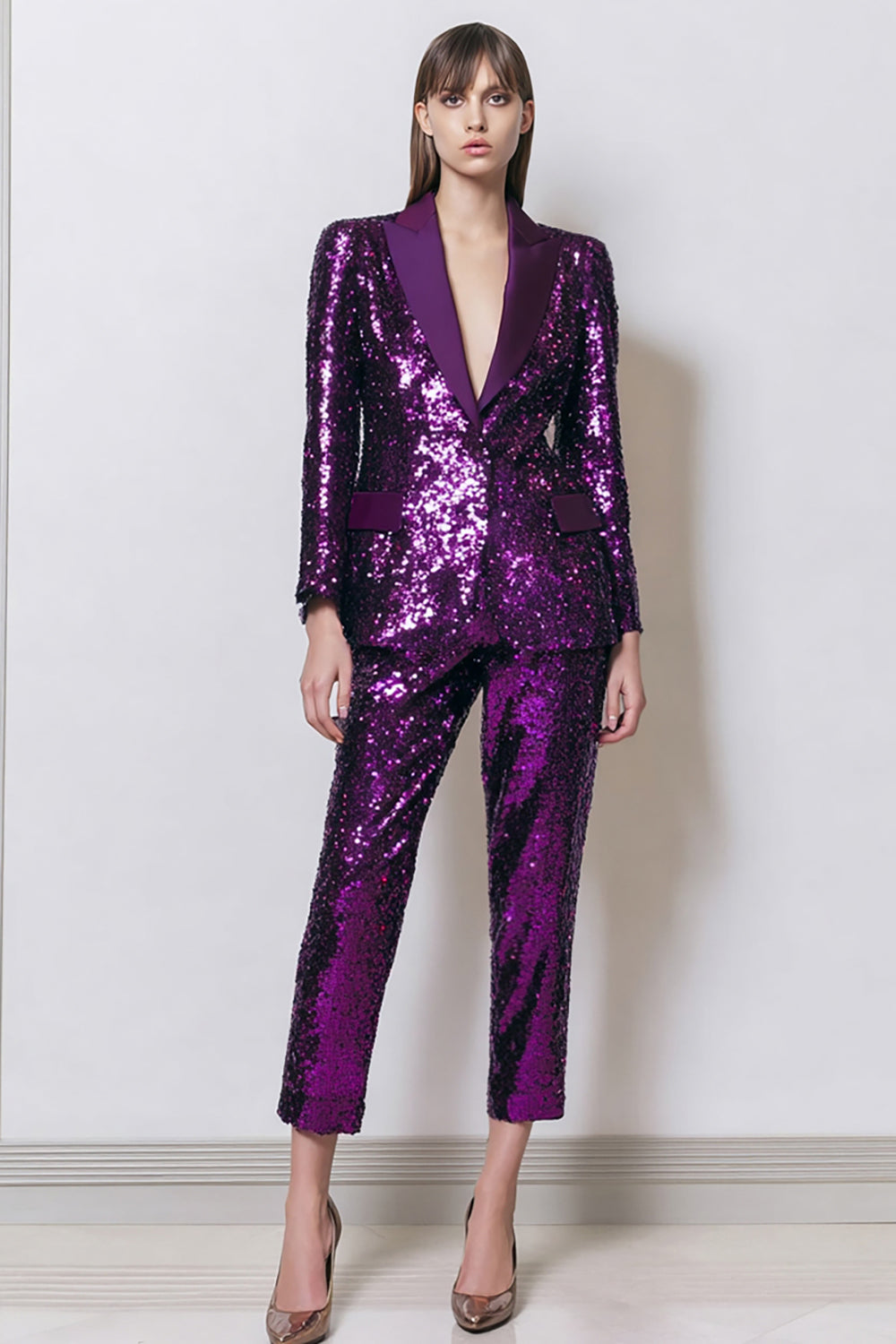 Sparkly Sequins Dark Purple 2 Piece Women Prom Suits With Pockets