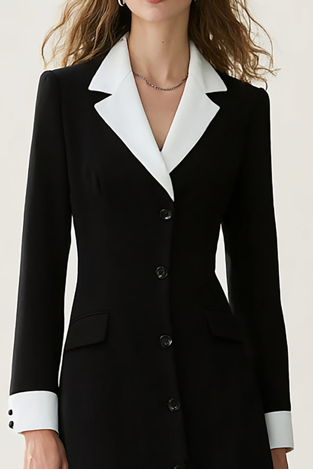 Black and White A-Line Notched Lapel Long Blazer Dress with Sleeves