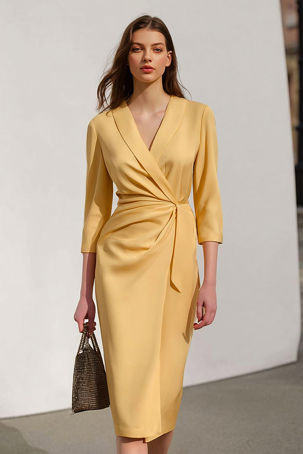 Yellow Shawl Lapel 3/4 Sleeve Ruched Sheath Work Dress