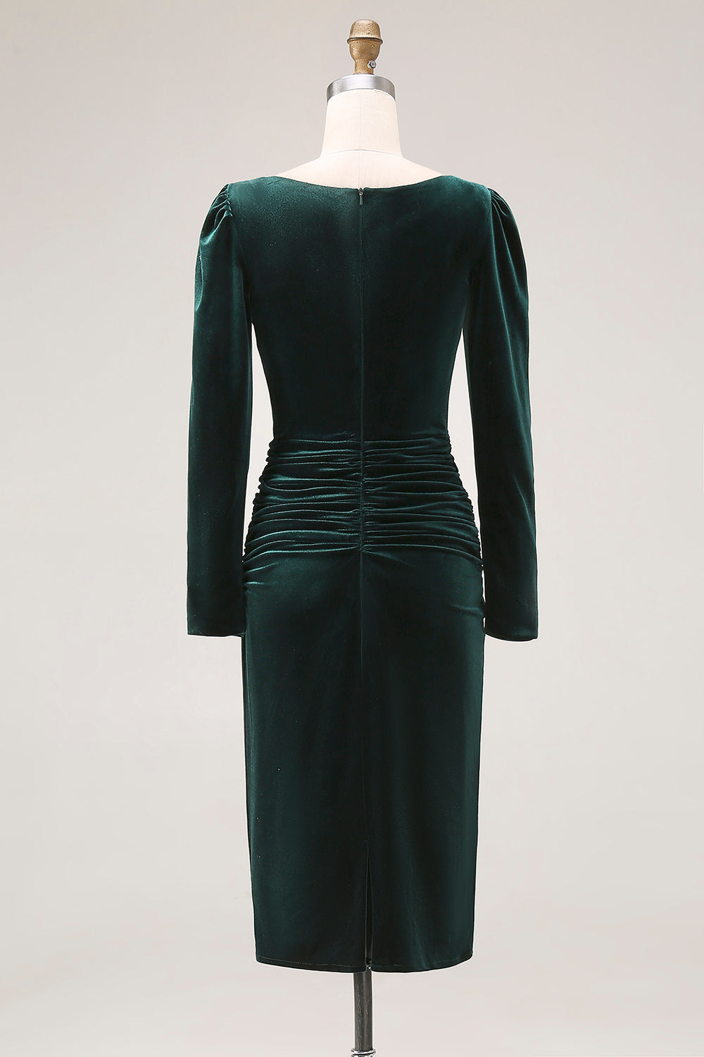 Dark Green Sheath Velvet Ruched Midi Work Dress with Long Sleeve