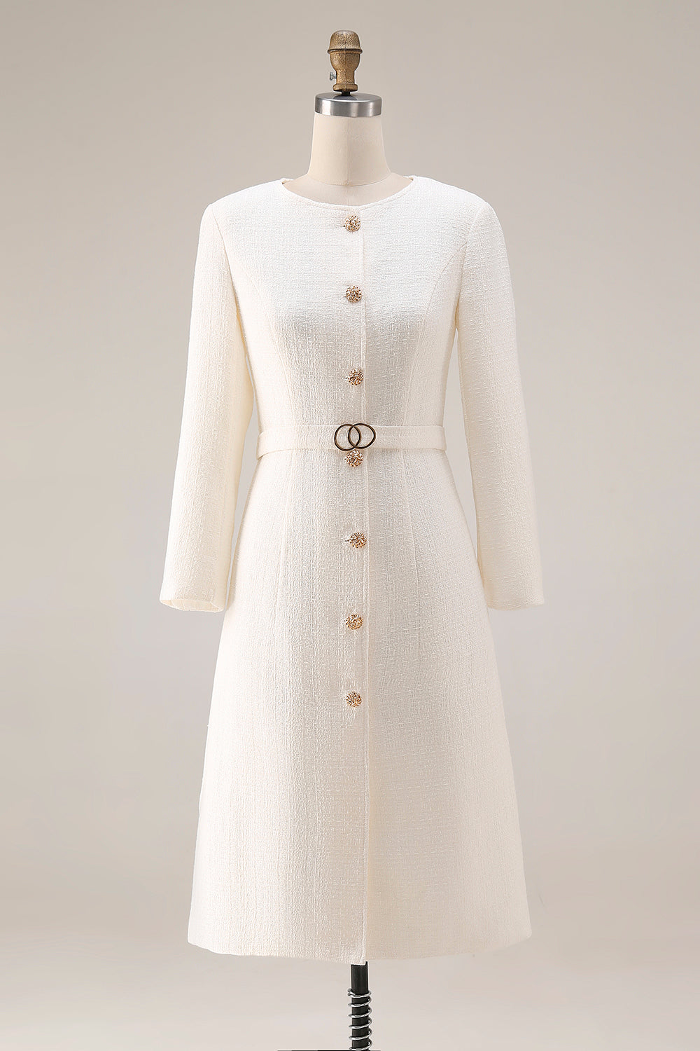 Ivory Sheath Long Sleeves Tweed Midi Work Dress with Belt