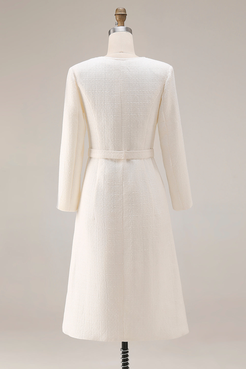 Ivory Sheath Long Sleeves Tweed Midi Work Dress with Belt