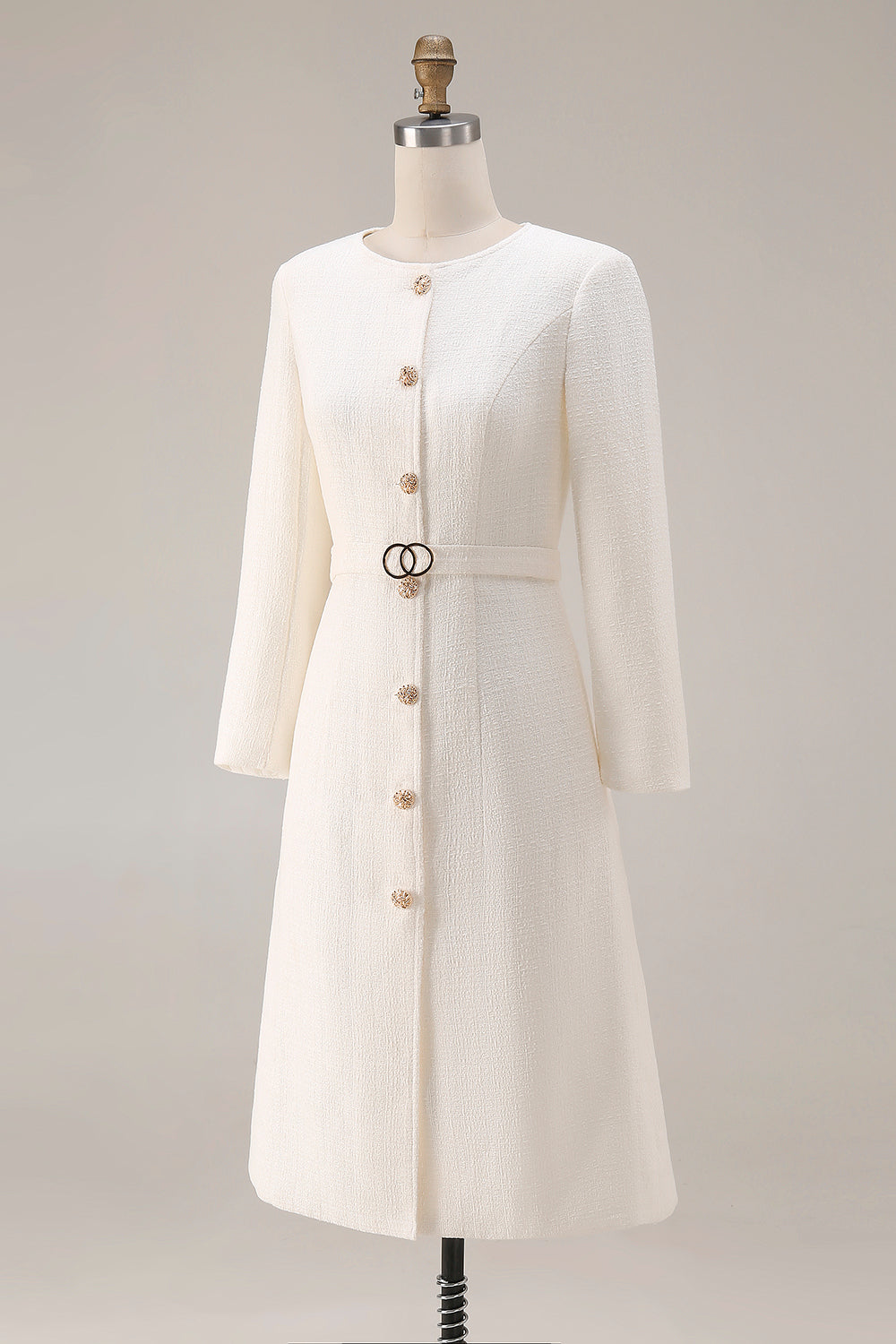 Ivory Sheath Long Sleeves Tweed Midi Work Dress with Belt