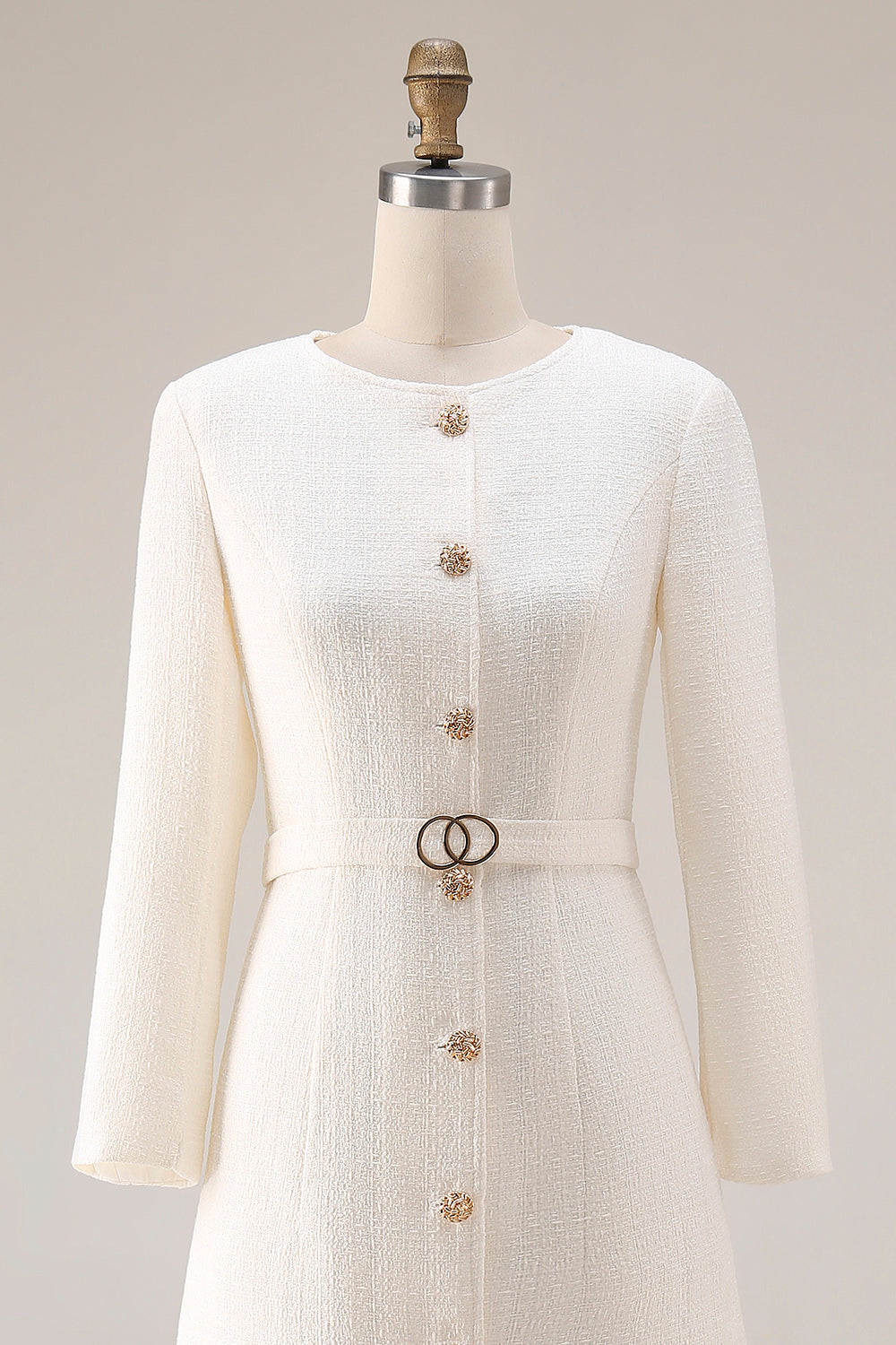 Ivory Sheath Long Sleeves Tweed Midi Work Dress with Belt