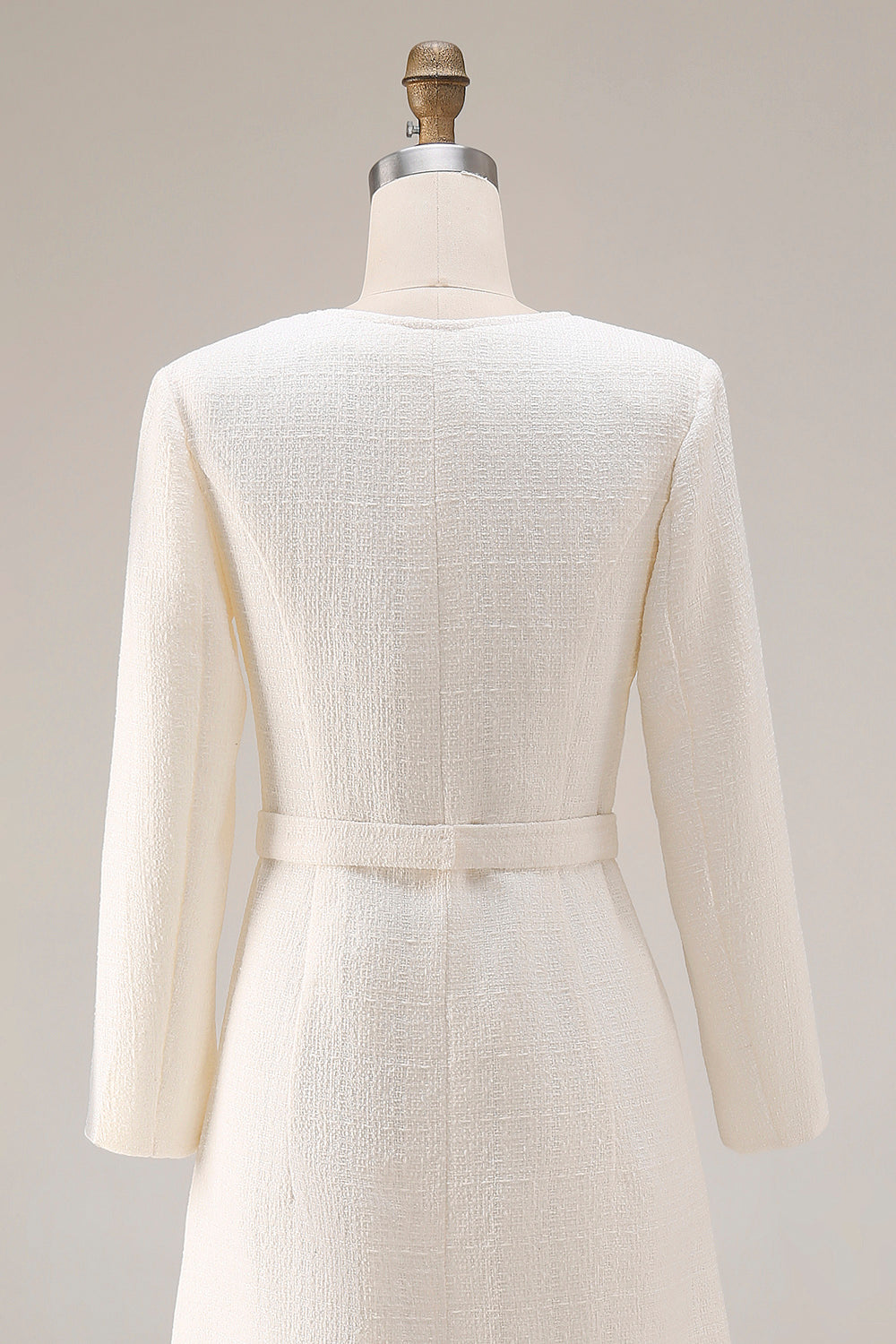 Ivory Sheath Long Sleeves Tweed Midi Work Dress with Belt