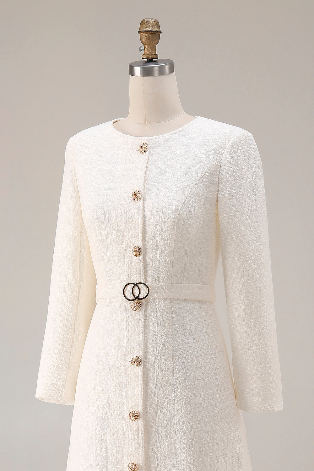 Ivory Sheath Long Sleeves Tweed Midi Work Dress with Belt