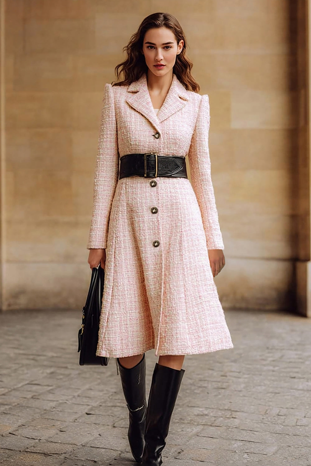 Pink A Line Notched Lapel Single-breasted Work Dress
