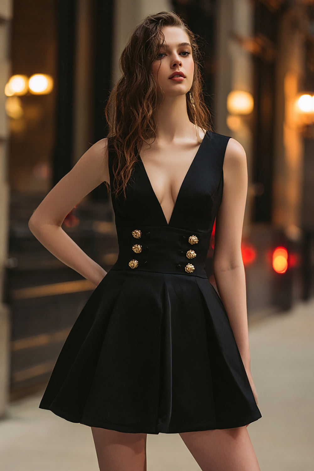 Black A Line Satin Buttons Short Cocktail Dress