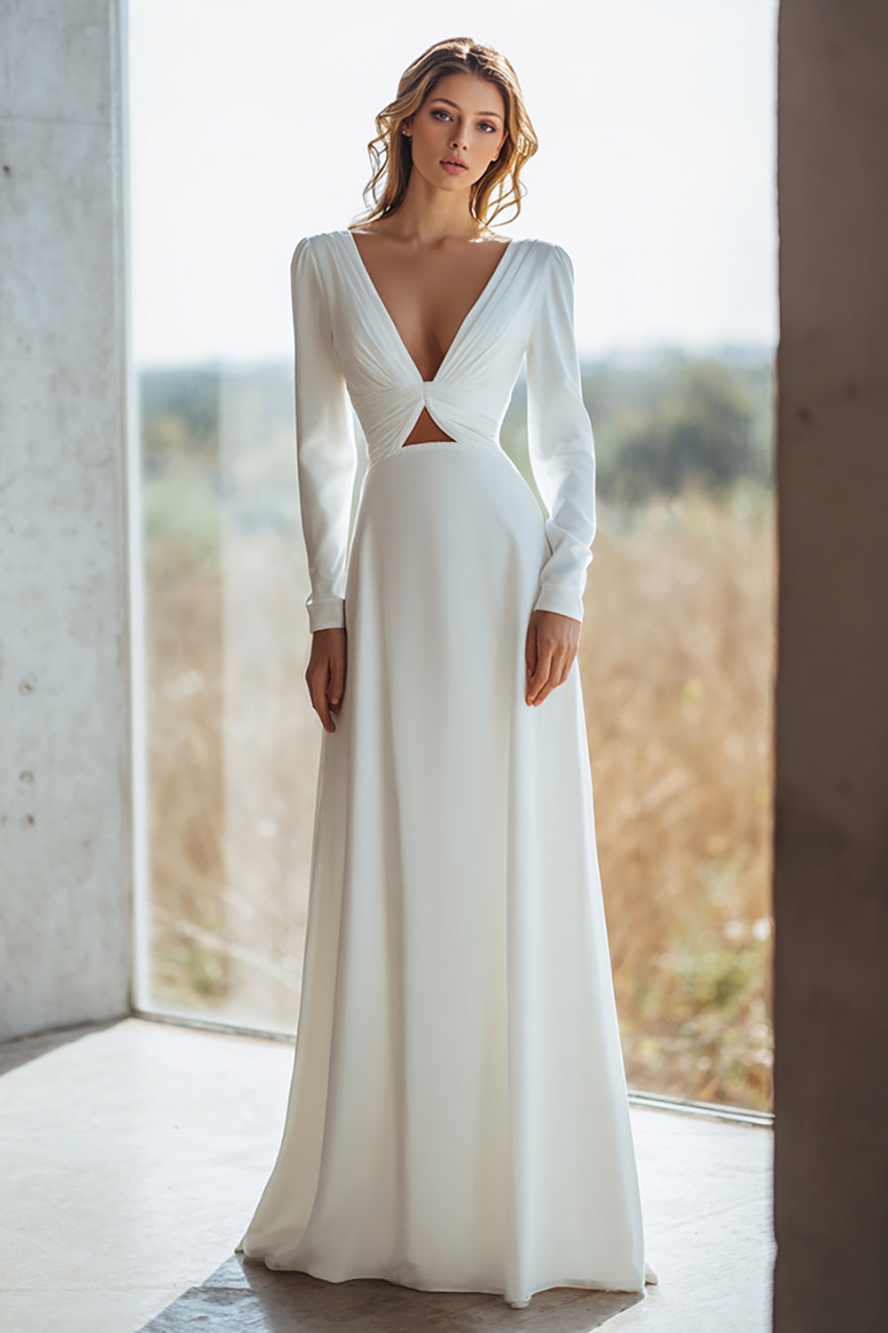 Robe de mariée évasée ivoire à manches longues et découpes