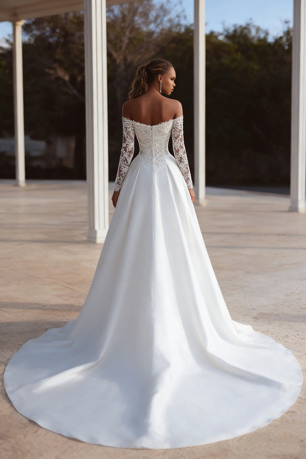 Off The Shoulder Ivory A Line Wedding Dress with Lace