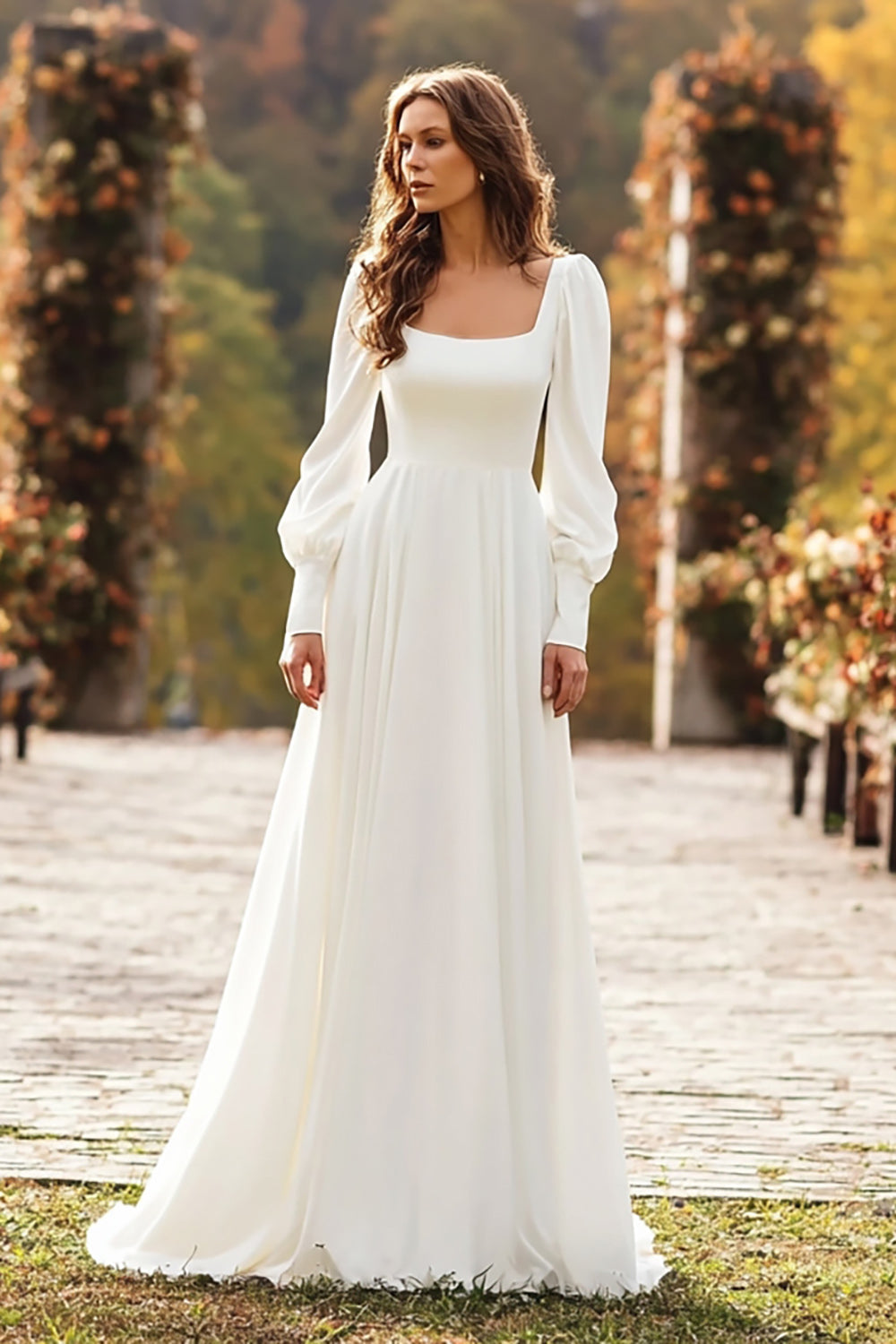 Ivory A-Line Square Neck Long-Sleeve Wedding Dress