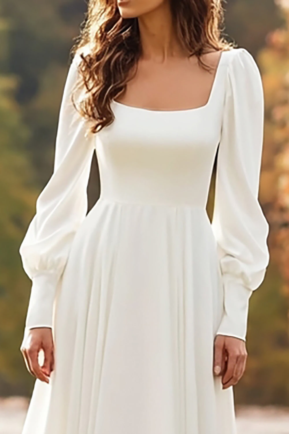 Ivory A-Line Square Neck Long-Sleeve Wedding Dress