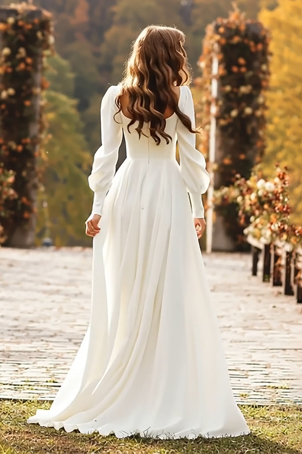 Ivory A-Line Square Neck Long-Sleeve Wedding Dress