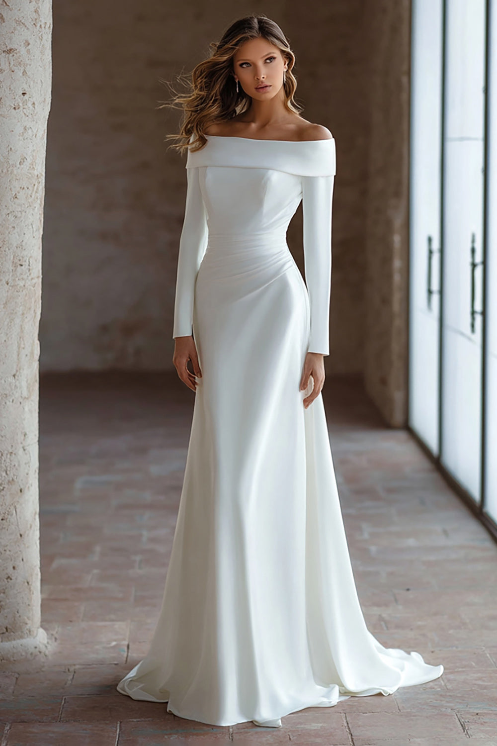 Off-the-Shoulder Ivory Long-Sleeve Wedding Dress