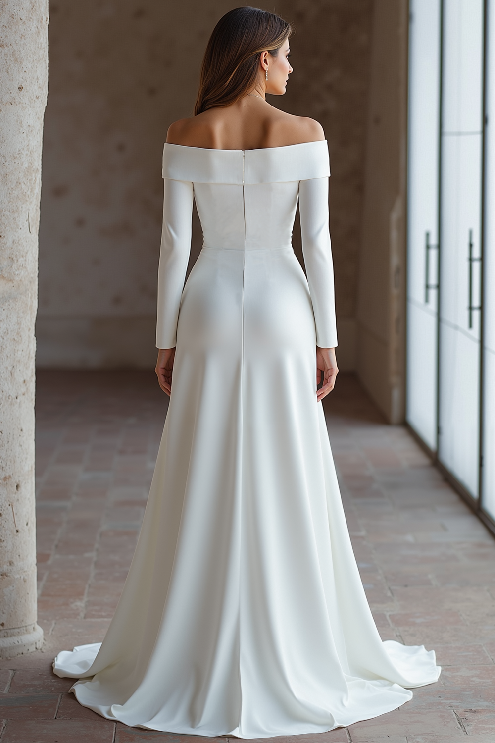 Off-the-Shoulder Ivory Long-Sleeve Wedding Dress