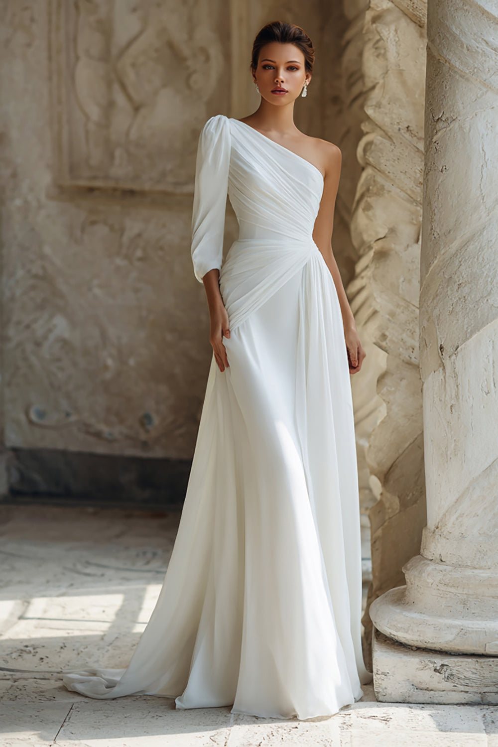 One Shoulder A Line Ruched Ivory Wedding Dress