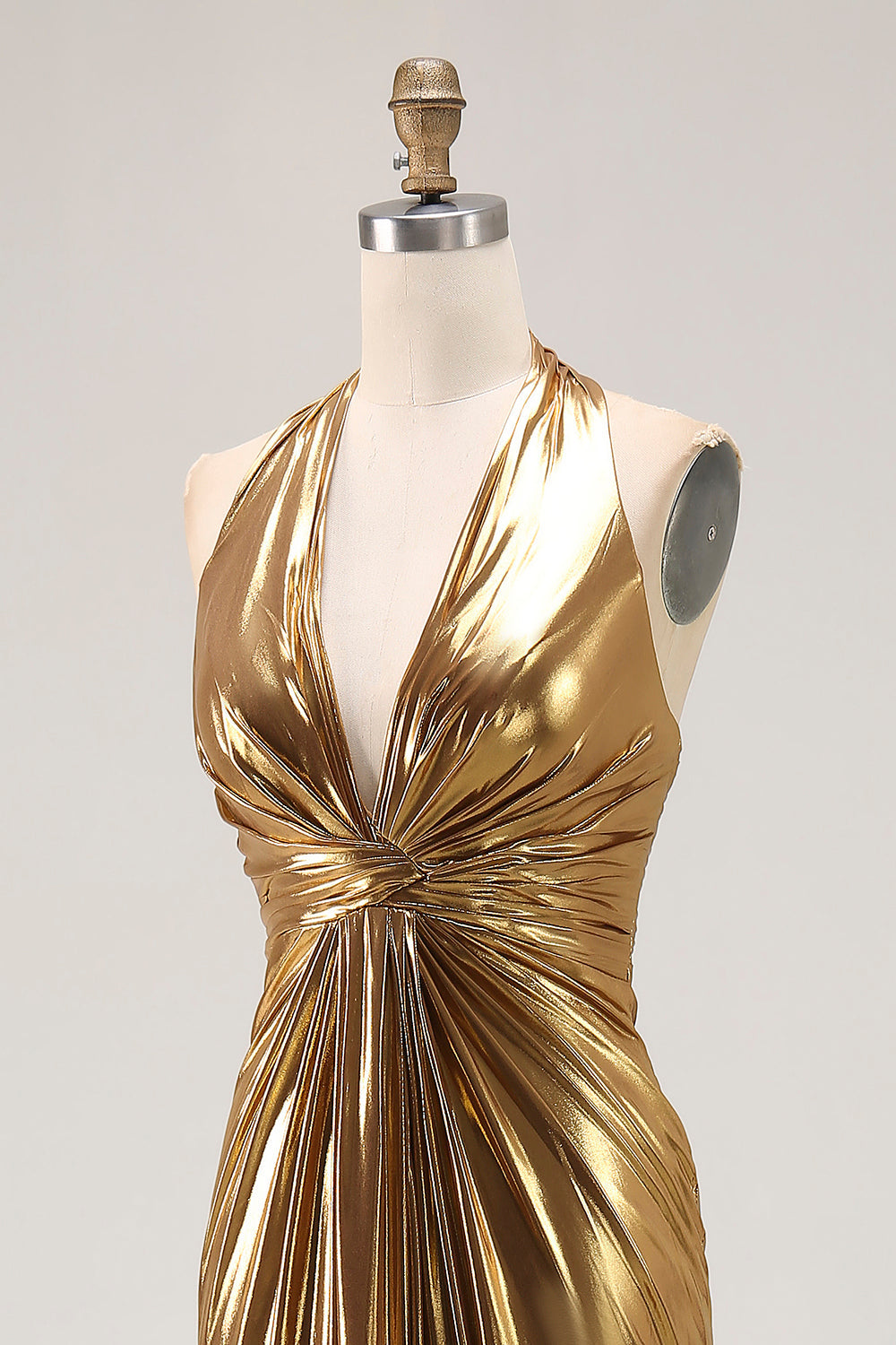 Gold Halter Metallic Ruched Long Formal Dress wth Slit