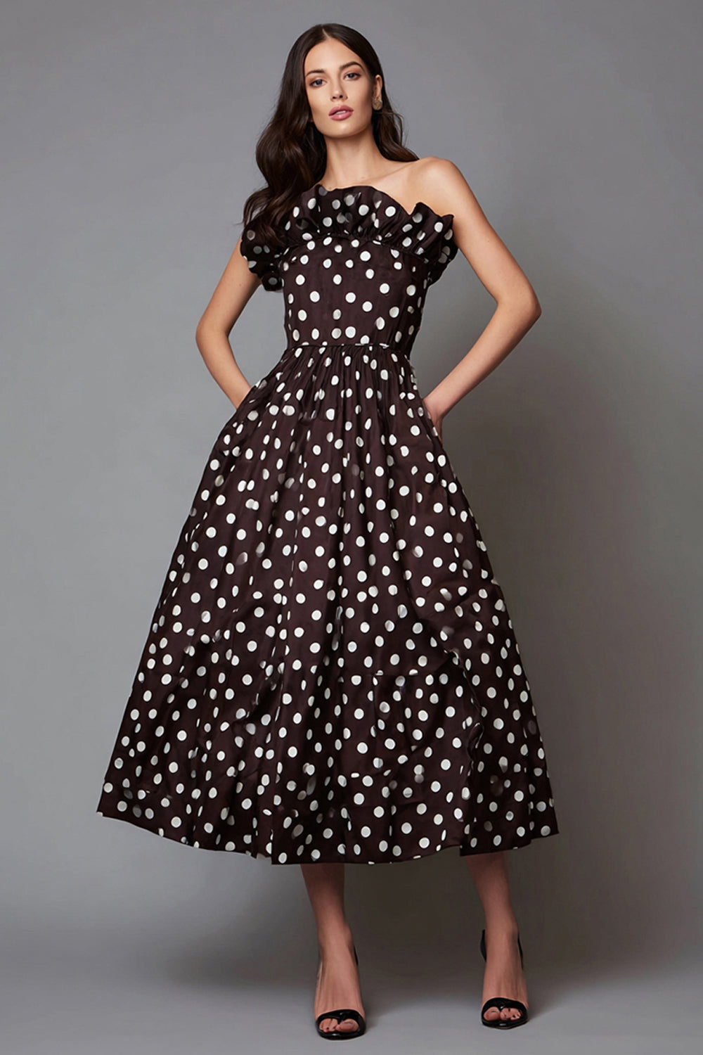 Dark Brown White Dot Strapless Ruffled Formal Dress with Pockets