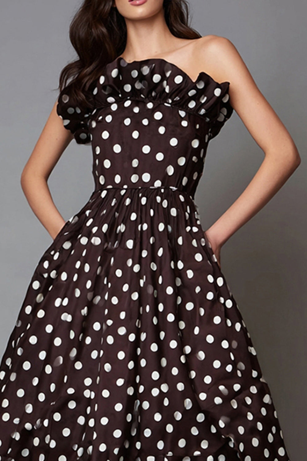 Dark Brown White Dot Strapless Ruffled Formal Dress with Pockets