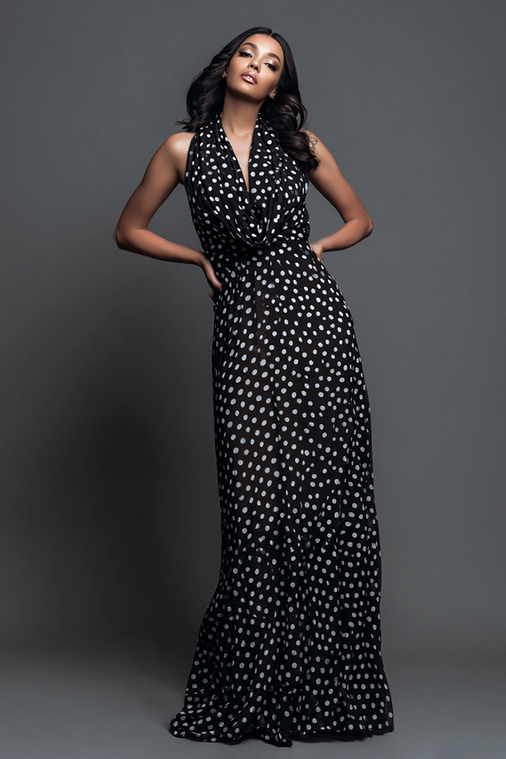 Black White Dot A Line Halter Long Formal Dress