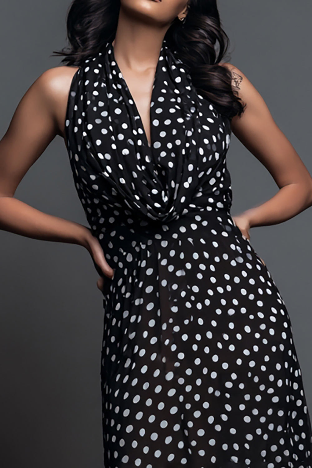 Black White Dot A Line Halter Long Formal Dress