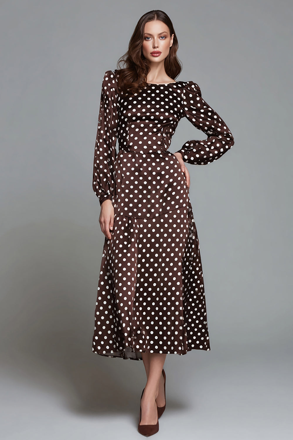 Dark Brown White Dot Boat Neck A-Line Long Formal Dress with Sleeves