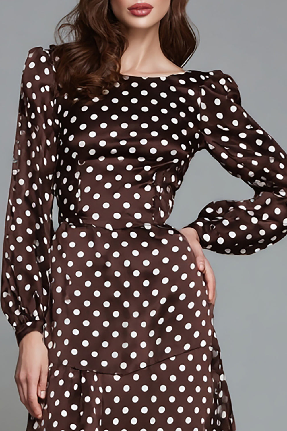 Dark Brown White Dot Boat Neck A-Line Long Formal Dress with Sleeves