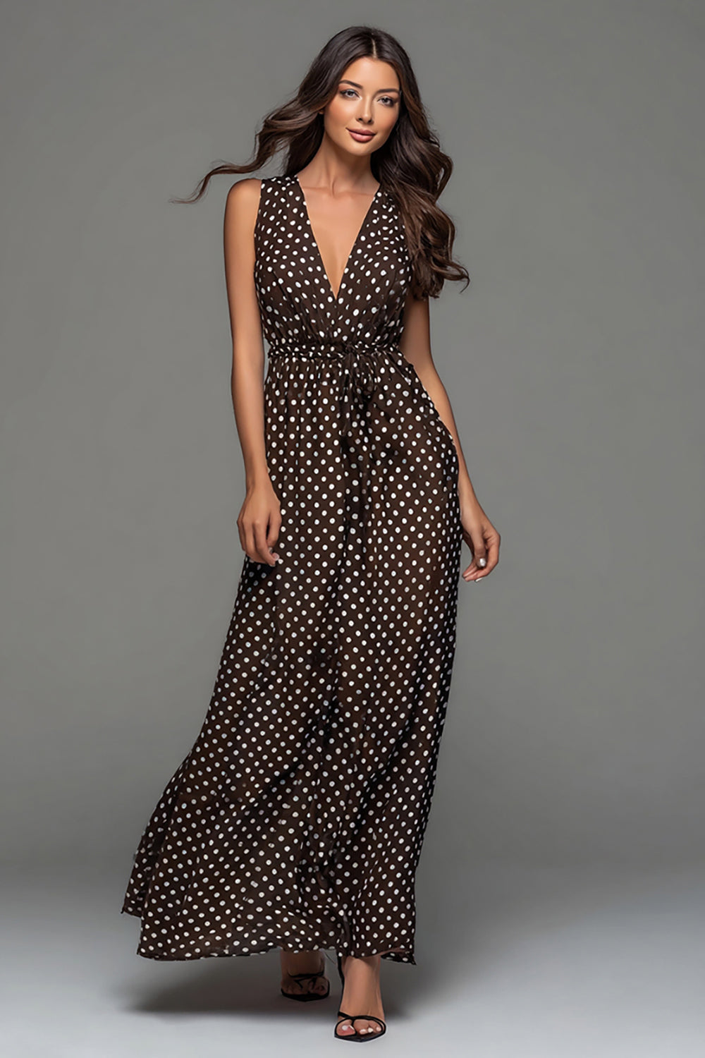 Dark Brown White Dot A-Line Long Formal Dress with Sash