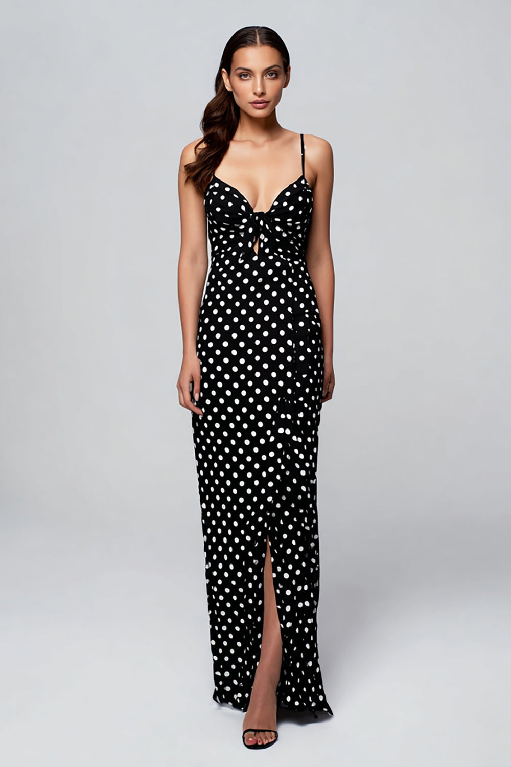 Black Spaghetti Straps Chiffon Sheath Polka Dots Dress with Slit