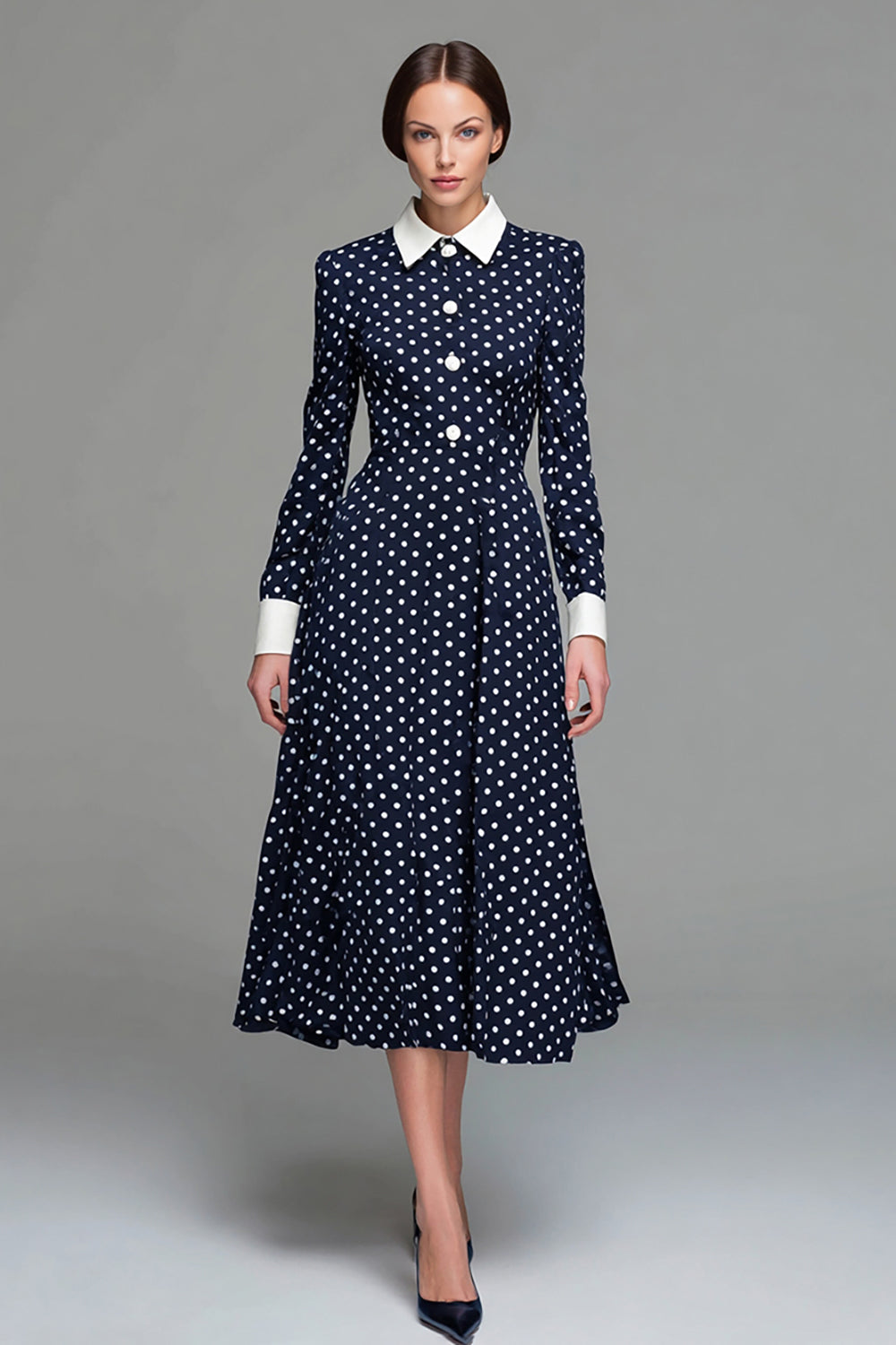 Navy Satin A-Line Long Sleeved Tea-Length Polka Dot Dress