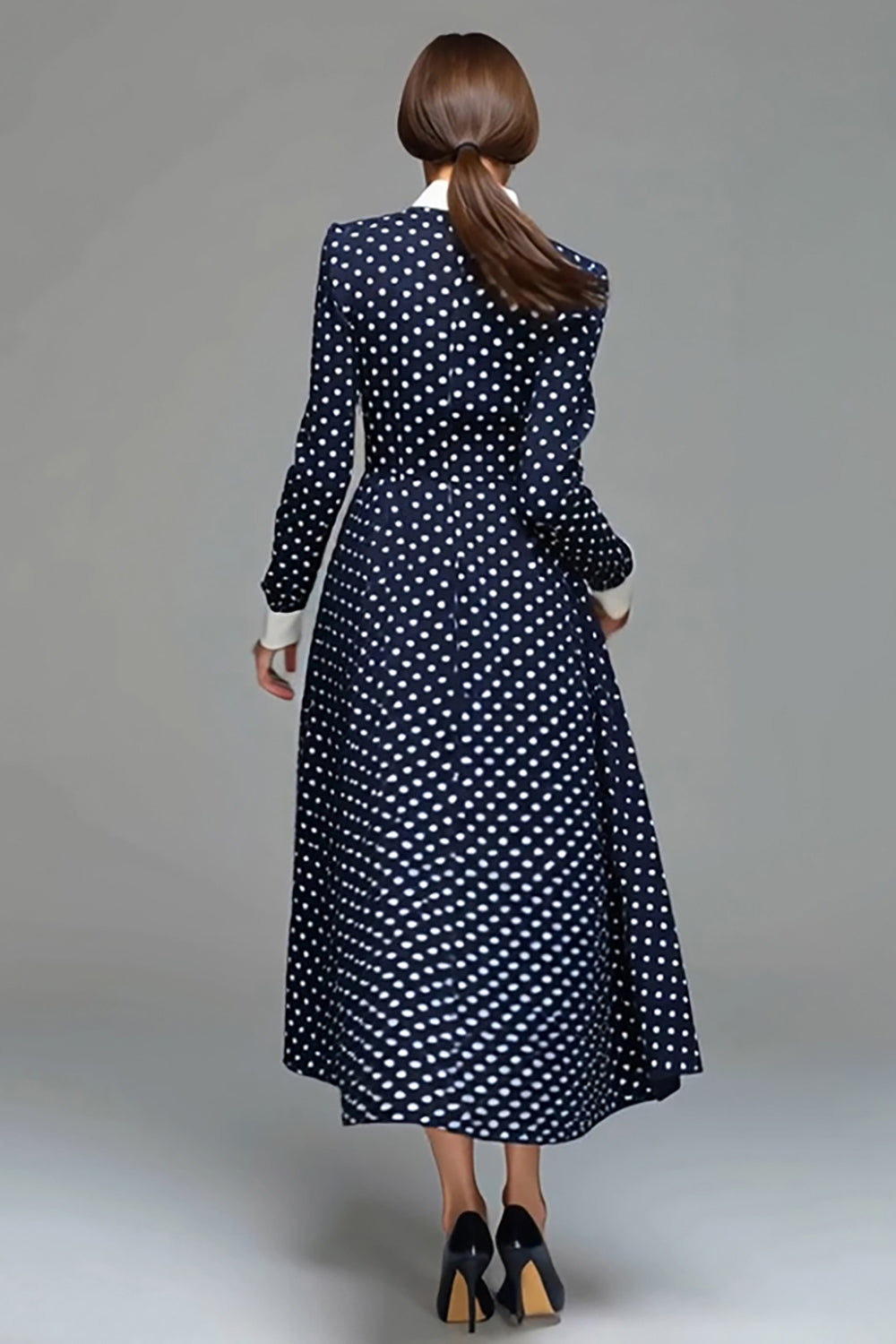Navy Satin A-Line Long Sleeved Tea-Length Polka Dot Dress